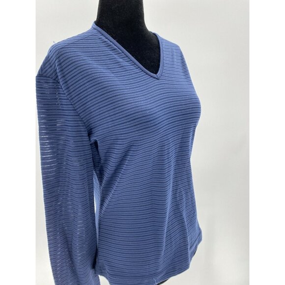 Versace Jeans Navy Blue Stripes Long Sleeve Fitted Sheer Mesh Blouse Top Sz L - Picture 2 of 12